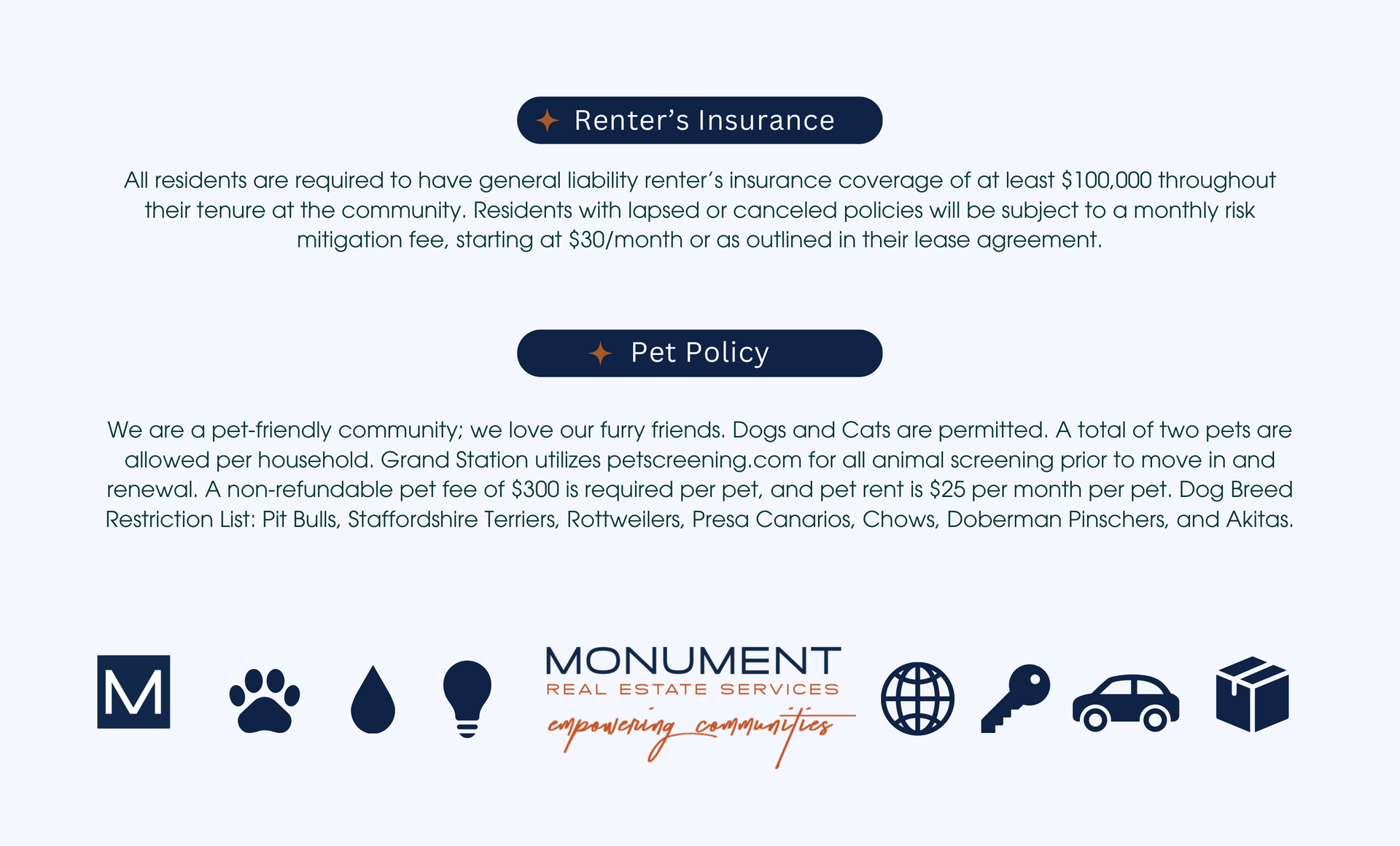 Text-based advertisement for Monument Real Estate Services with information on renter's insurance and pet policies.