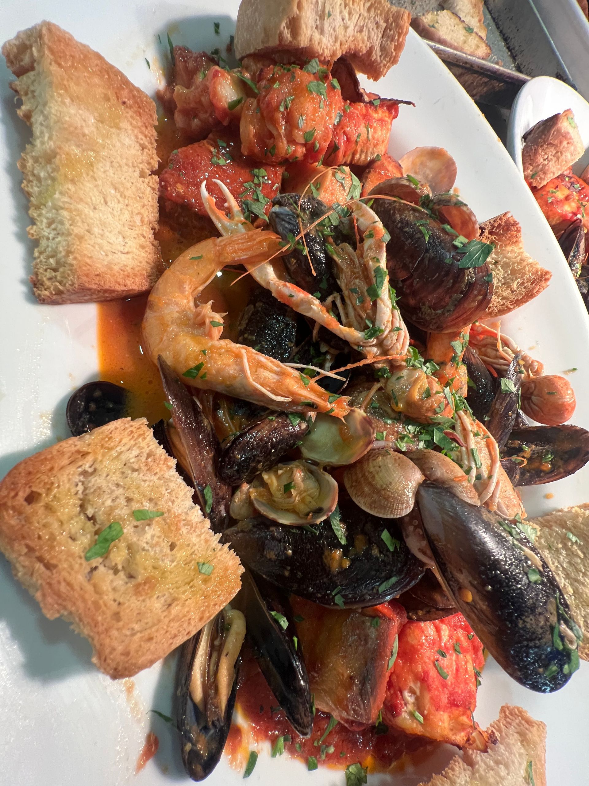 Stufato di pesce con cozze, gamberi, aragosta e pane su un piatto bianco.