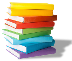 Stack of colorful books indicating The Author Alley logo