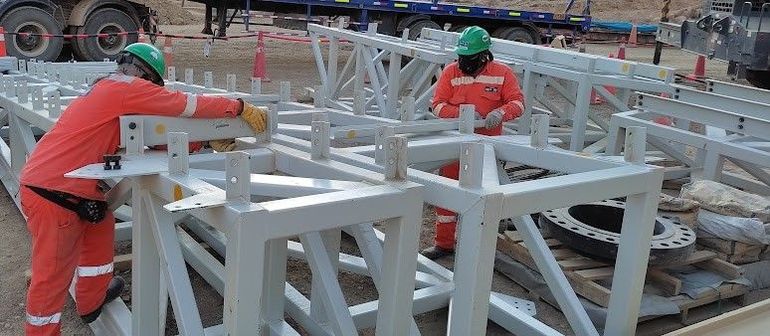 Una persona con chaleco de seguridad y casco está de pie con un perro frente a un almacén