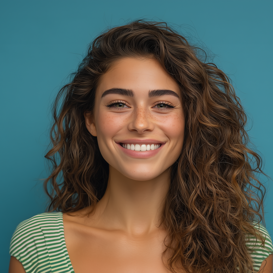 Woman with curly brown hair smiling, wearing a green striped top. Teal background.