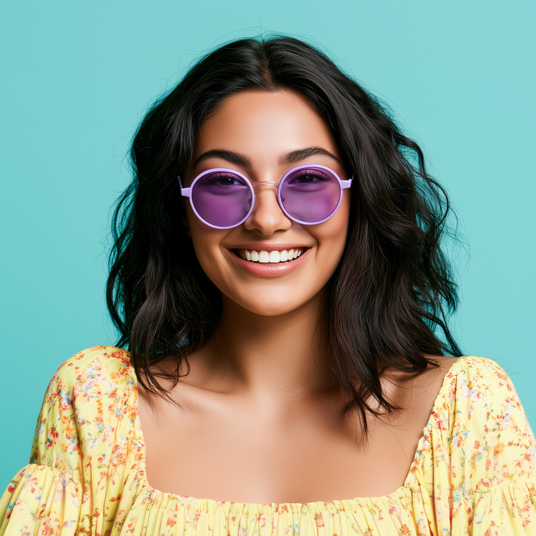 Smiling woman in purple sunglasses and a yellow floral top against a turquoise background