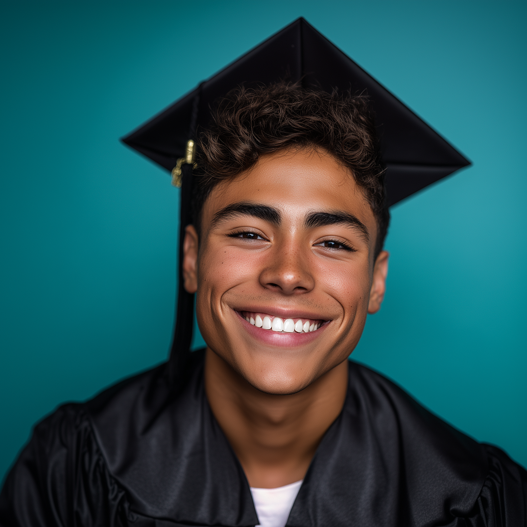 Smiling graduate in a black cap and gown against a teal background