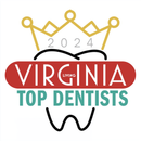 Virginia Living Top Dentists 2024 logo. Red, white, and teal text. Crown and tooth icons.