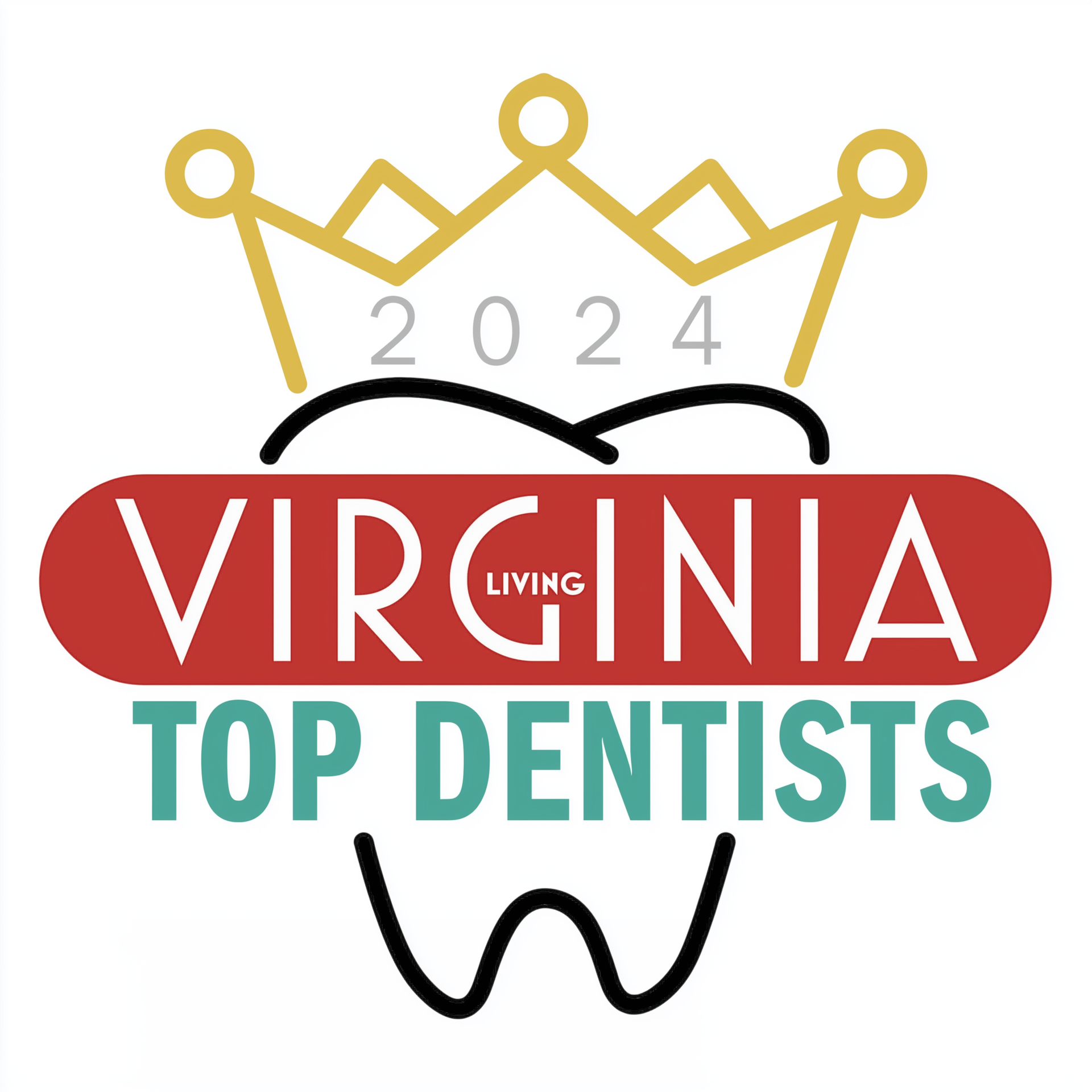 Virginia Living Top Dentists 2024 logo. Red, white, and teal text. Crown and tooth icons.