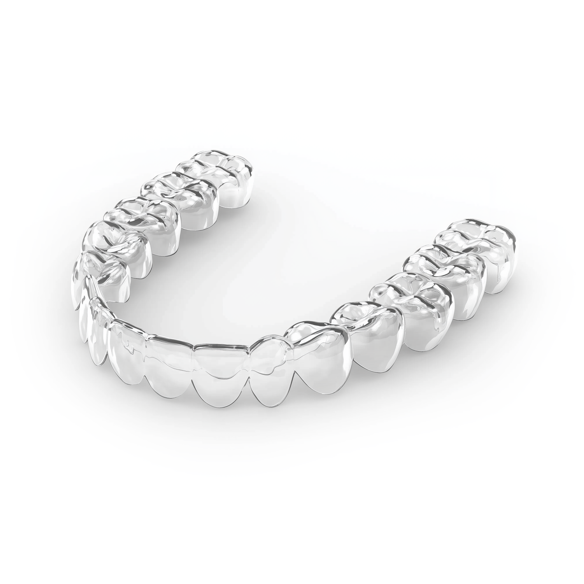 Clear plastic dental retainer for teeth alignment.