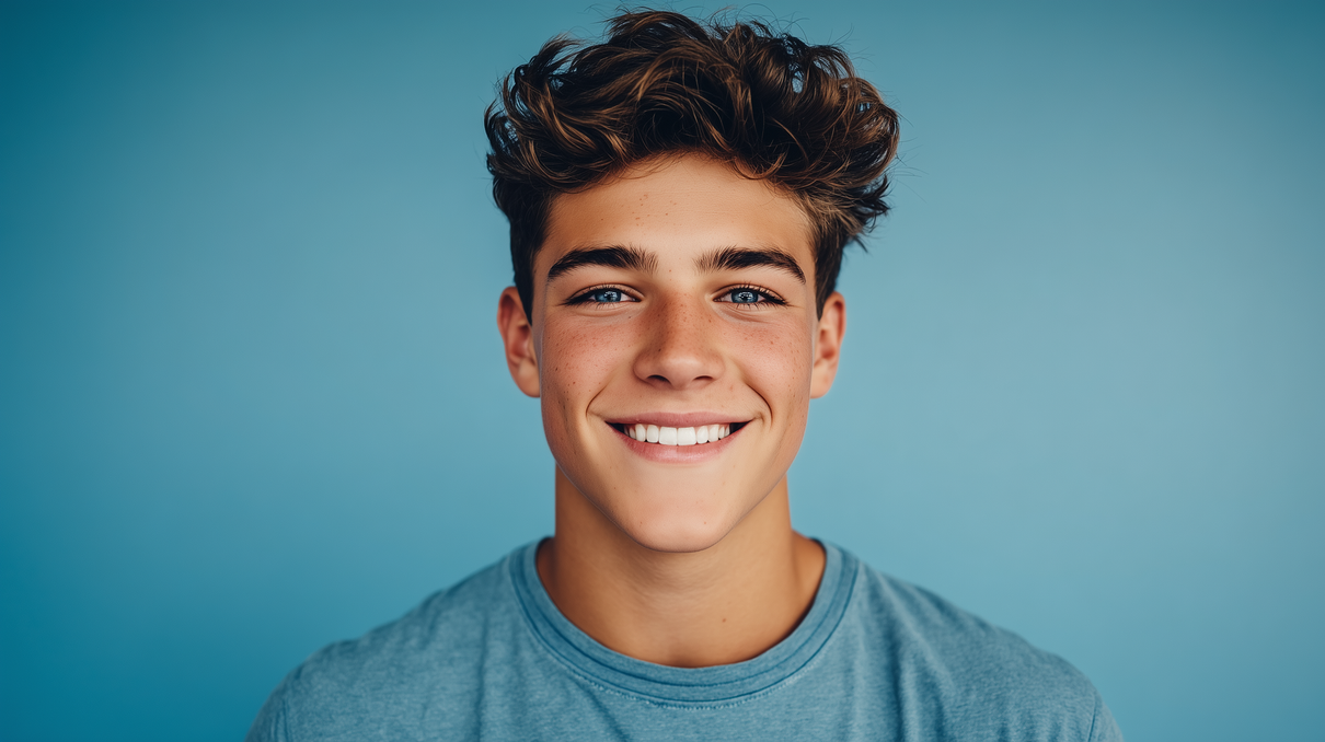 Smiling teen with wavy brown hair, blue eyes, and light blue shirt against a blue backdrop.