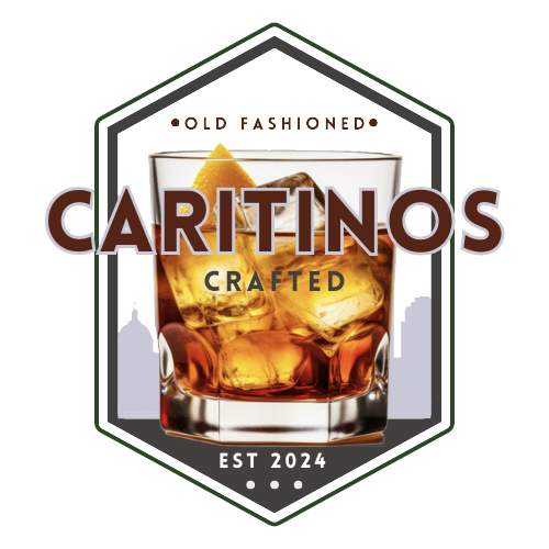 A logo for caritinos crafted with a glass of whiskey and ice cubes.