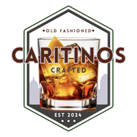 A logo for caritinos crafted with a glass of whiskey and ice cubes.