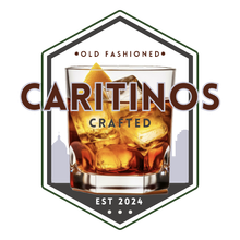 A logo for caritinos crafted with a glass of whiskey and ice cubes.