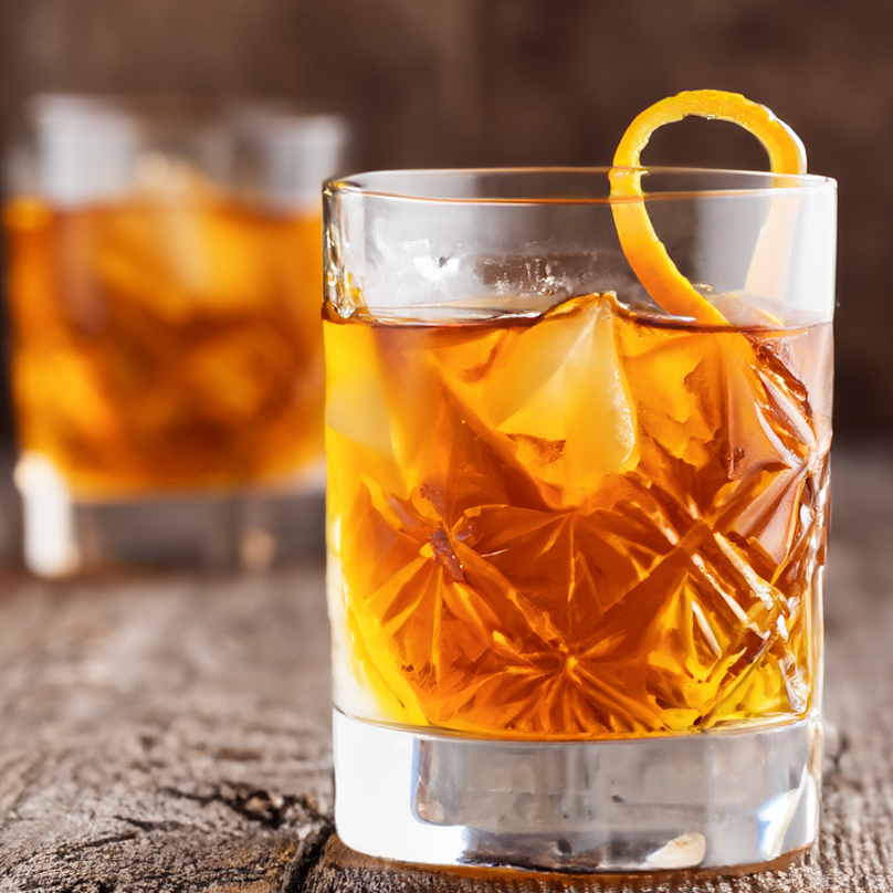 A glass of whiskey with ice and an orange peel on a wooden table.