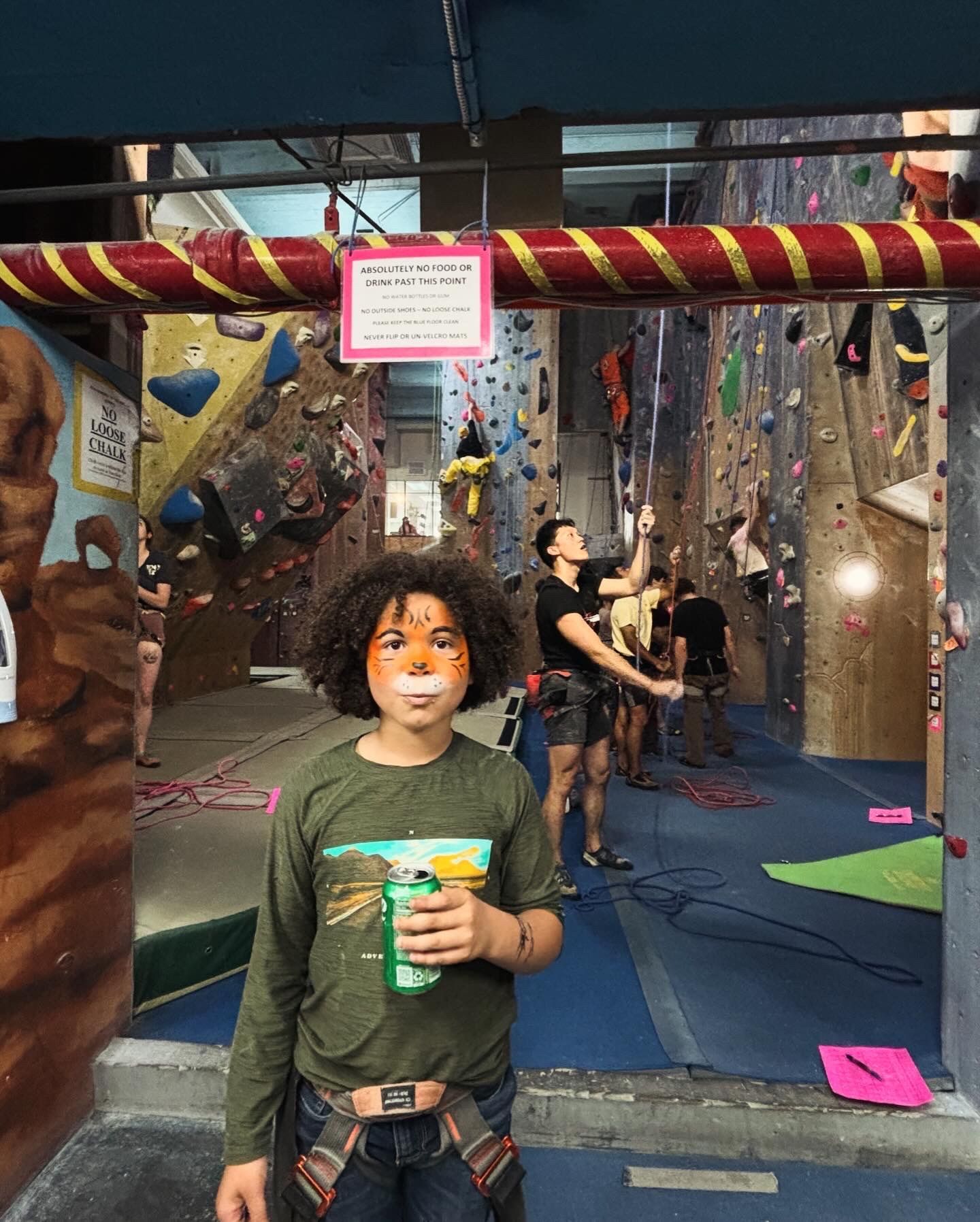 A young boy with his face painted is standing in front of a climbing wall.