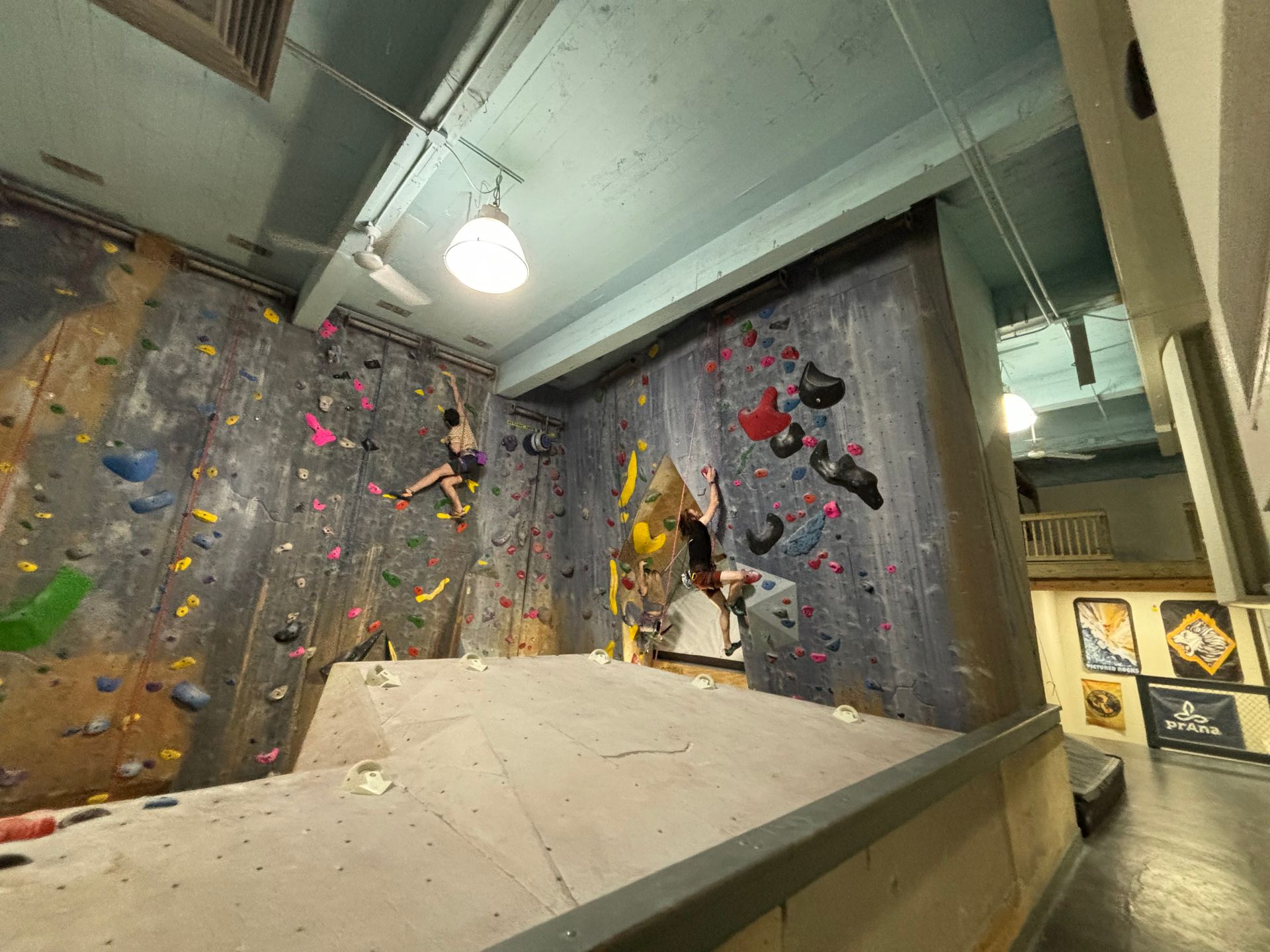 A person is climbing a climbing wall in a gym.