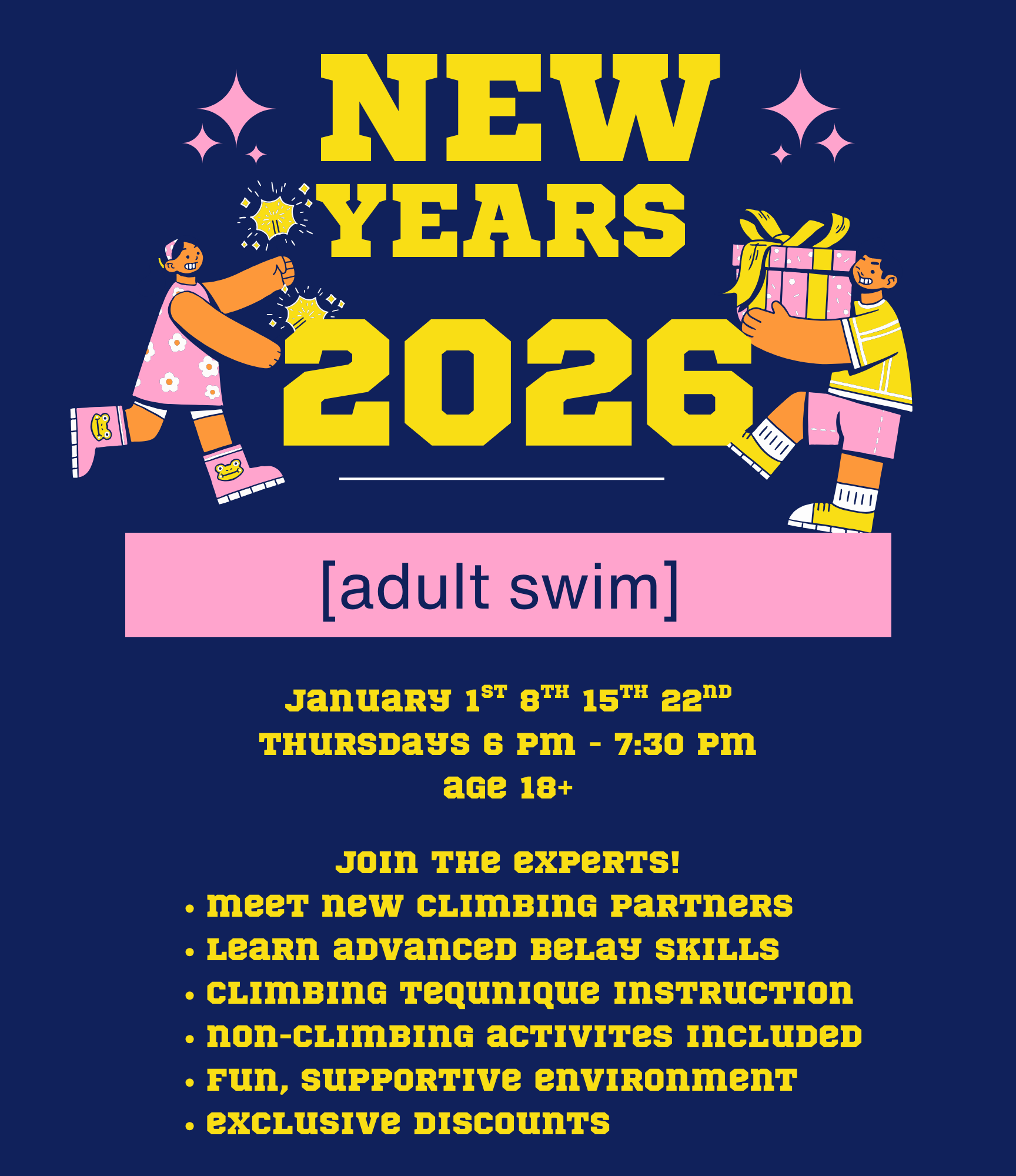 Indoor rock climbing gym with climbers on colorful routes.