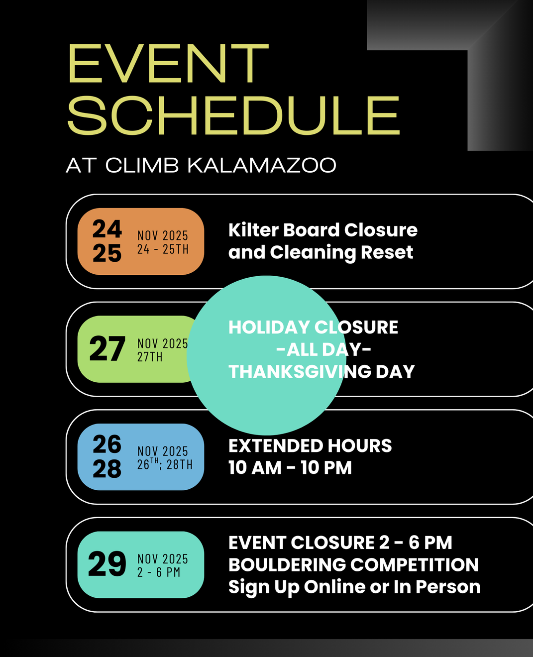 Event schedule at Climb Kalamazoo: Kilter Board closure, Thanksgiving closure, extended hours, bouldering competition.