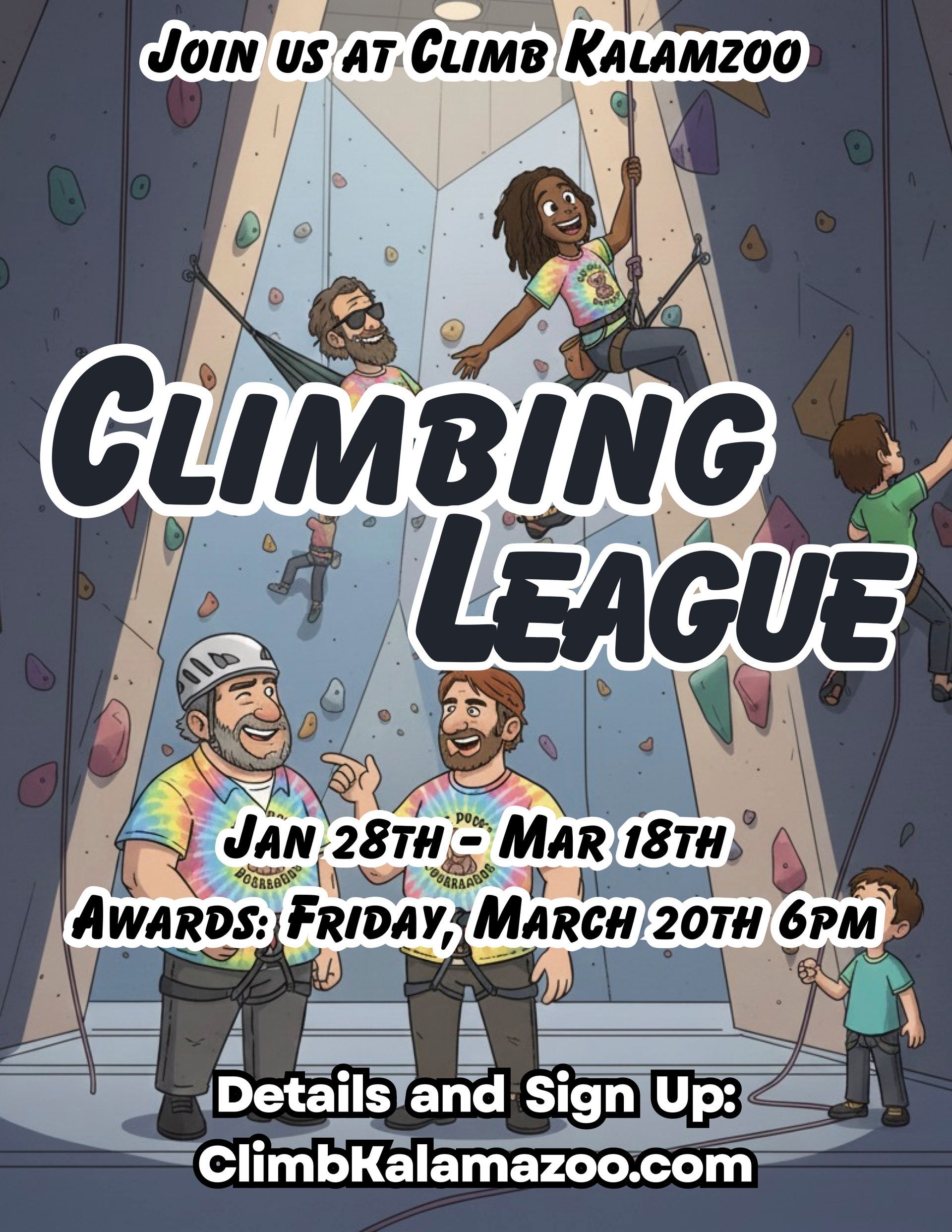 Indoor rock climbing gym with climbers on colorful routes.