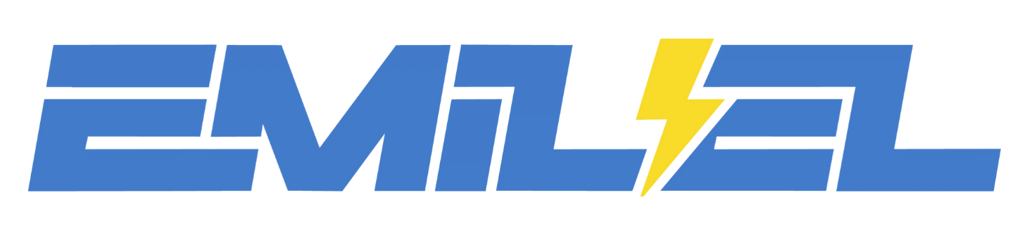 En blå och gul logotyp för emil med en blixt