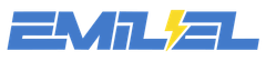 En blå och gul logotyp för emil med en blixt