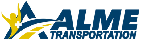 a blue and yellow logo for alme transportation