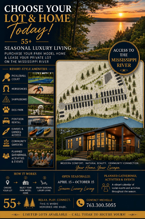 Real estate flyer for luxury lots and homes, with map, cabin renderings, and sunset landscape.