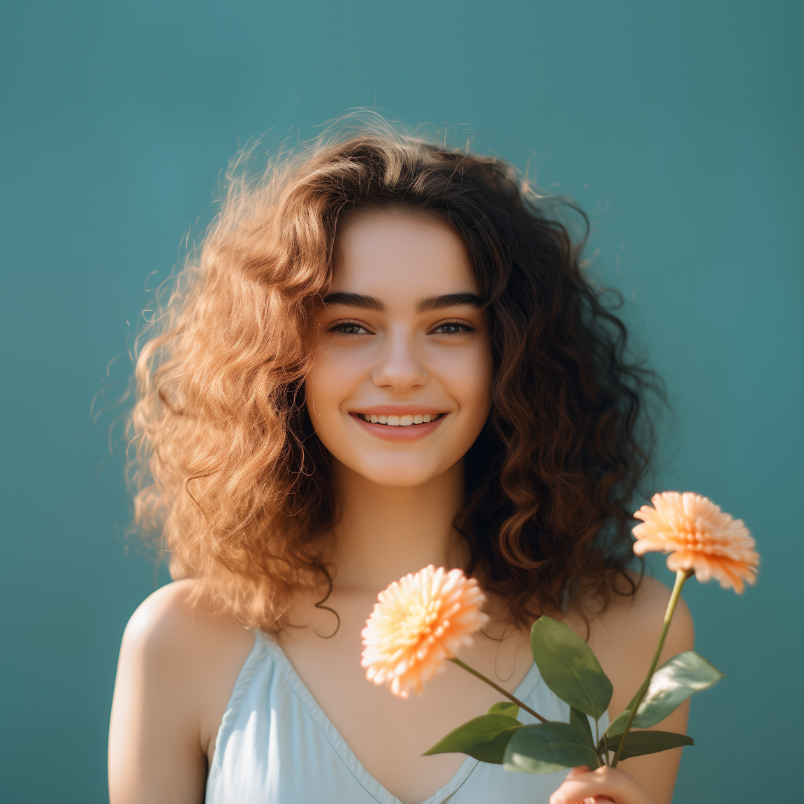 a woman with curly hair is holding a flower in her hand and smiling .