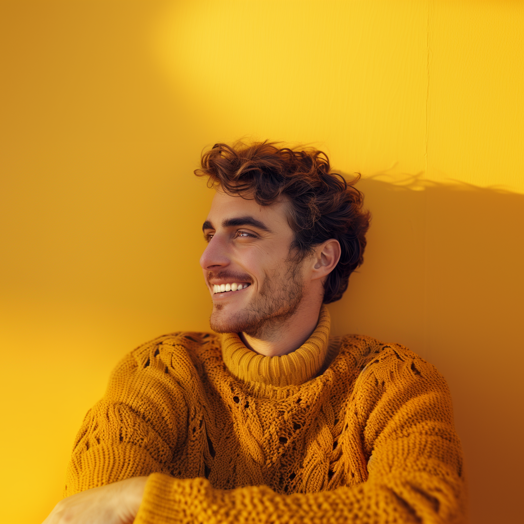 A man in a yellow sweater is smiling against a yellow wall.