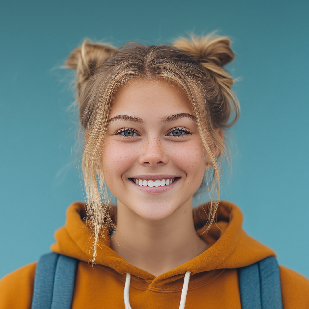 Young woman with blonde hair in space buns, smiling, wearing an orange hoodie and backpack, with a blue background.