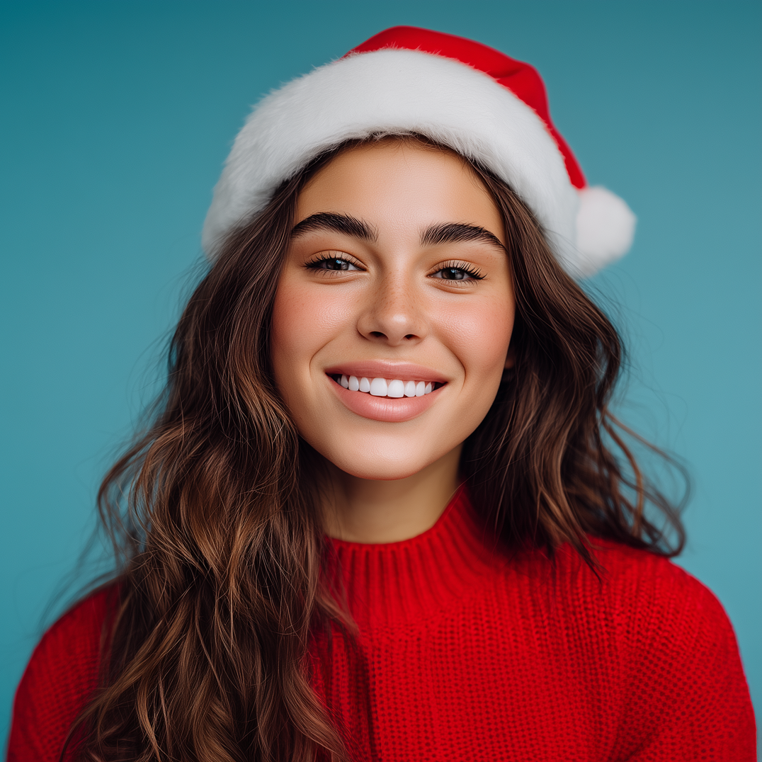 Woman wearing Santa hat and red sweater smiles, teal background.