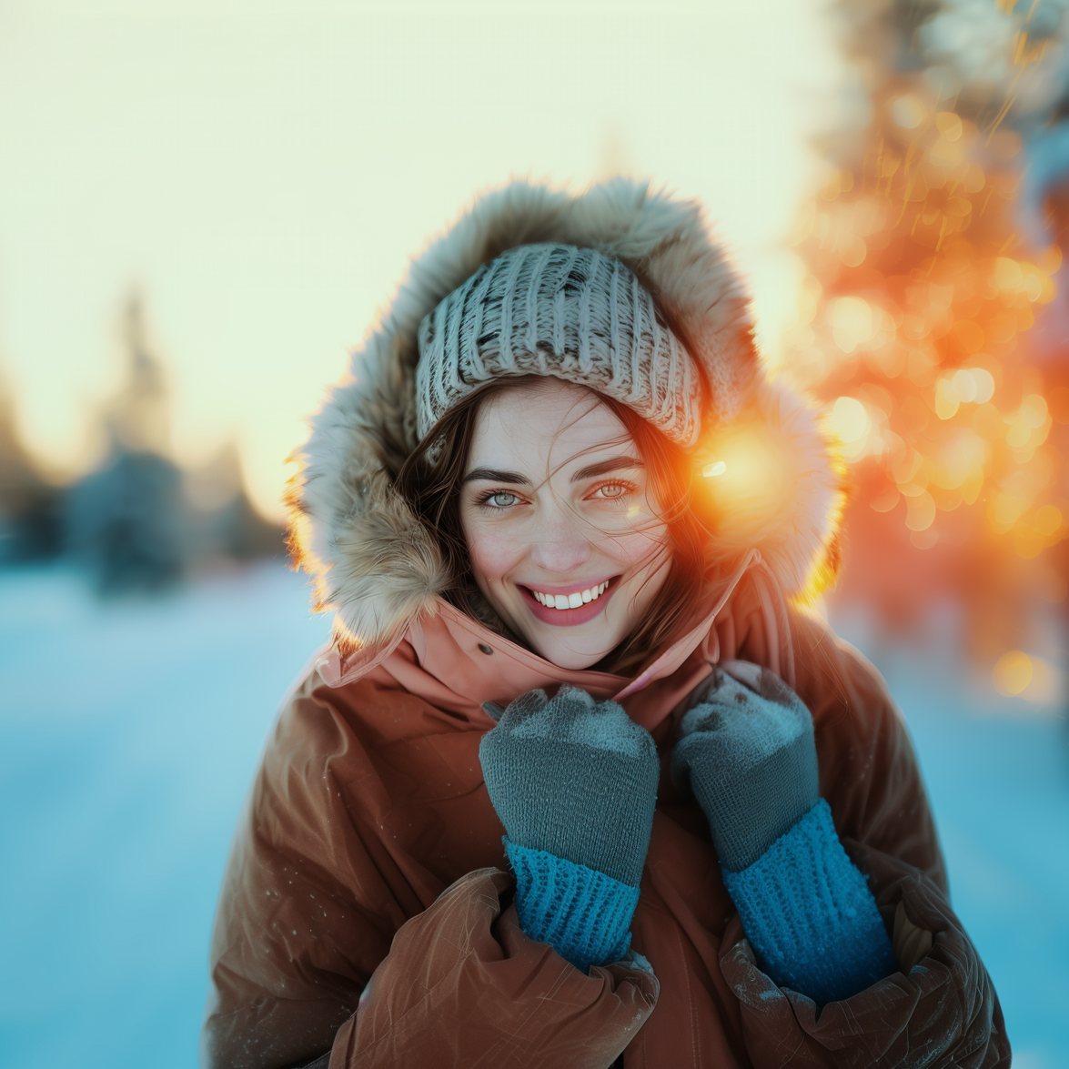 A woman wearing a hooded jacket and gloves is smiling in the snow.