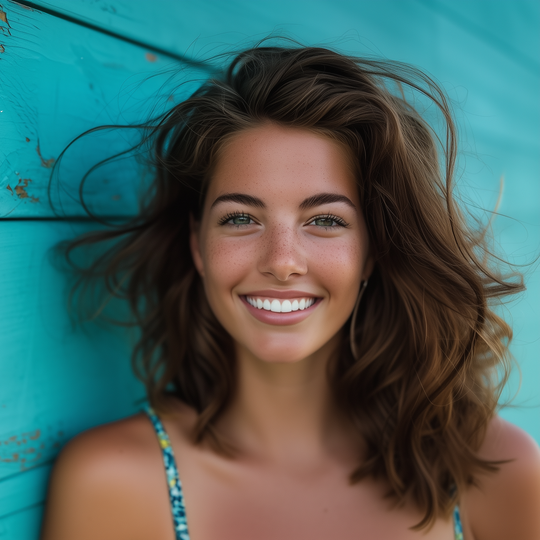 A woman is smiling while leaning against a blue wall.