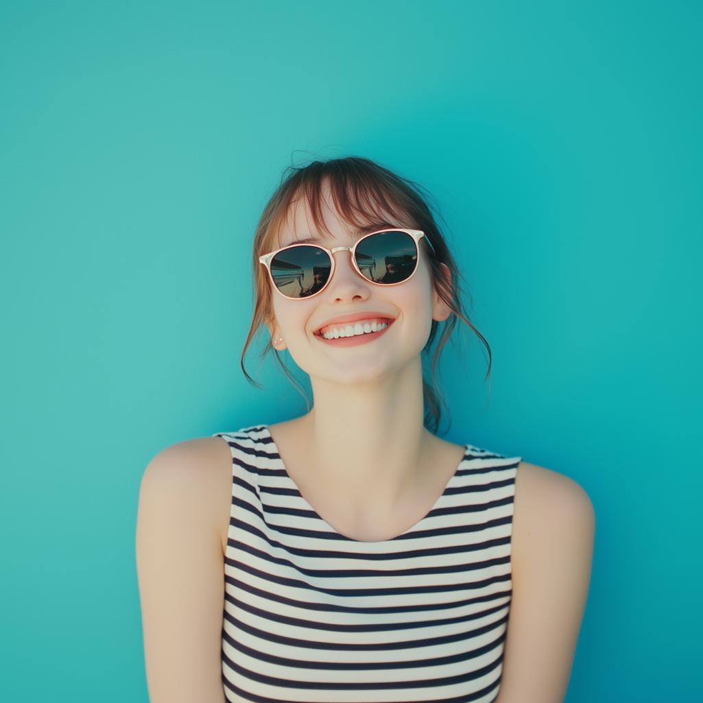 A woman wearing sunglasses and a striped shirt is smiling in front of a blue wall.