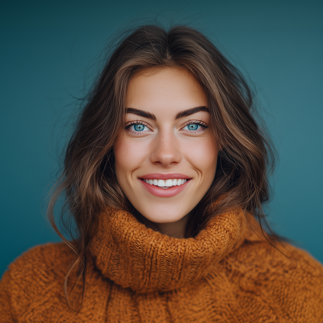 Woman with blue eyes, smiling, wearing an orange turtleneck sweater, against a teal background.