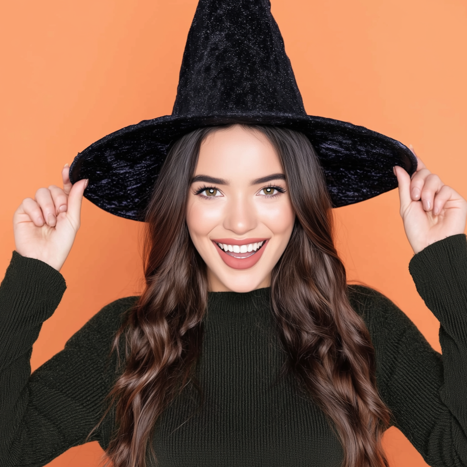 Woman wearing a black witch hat, smiling with hands on the brim, set against an orange backdrop.