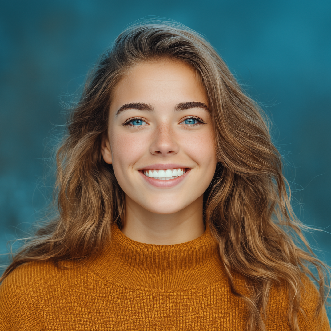 Young woman with wavy brown hair, blue eyes, and a wide smile, wearing a mustard sweater, against a blurred blue background.