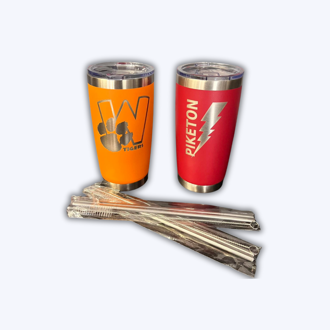 Two stainless steel tumblers with piketon written on them