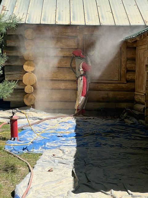 A man is spraying powder on a log cabin.