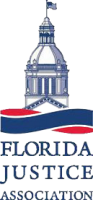 A logo for the florida justice association with a building in the background