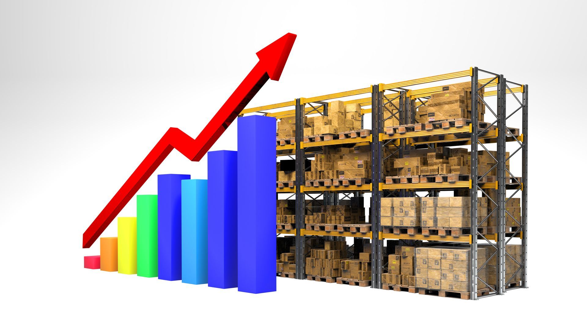A warehouse filled with boxes and a graph with an arrow pointing up.