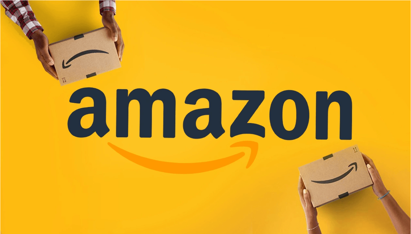 Two people are holding boxes in front of an amazon logo.