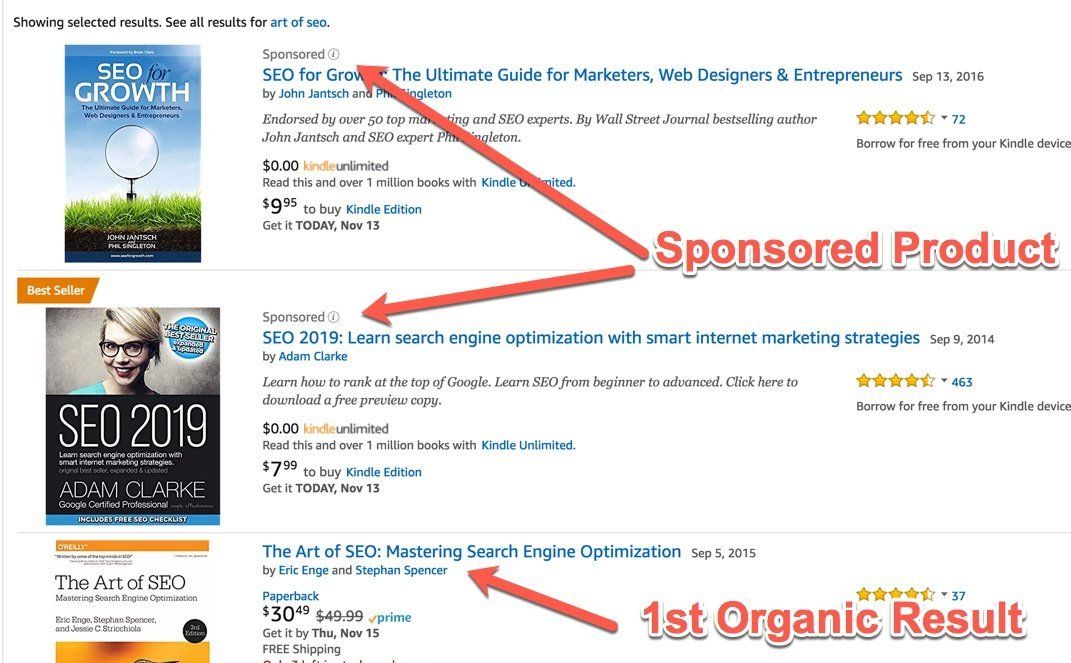 A screenshot of a website showing sponsored products and the 1st organic result