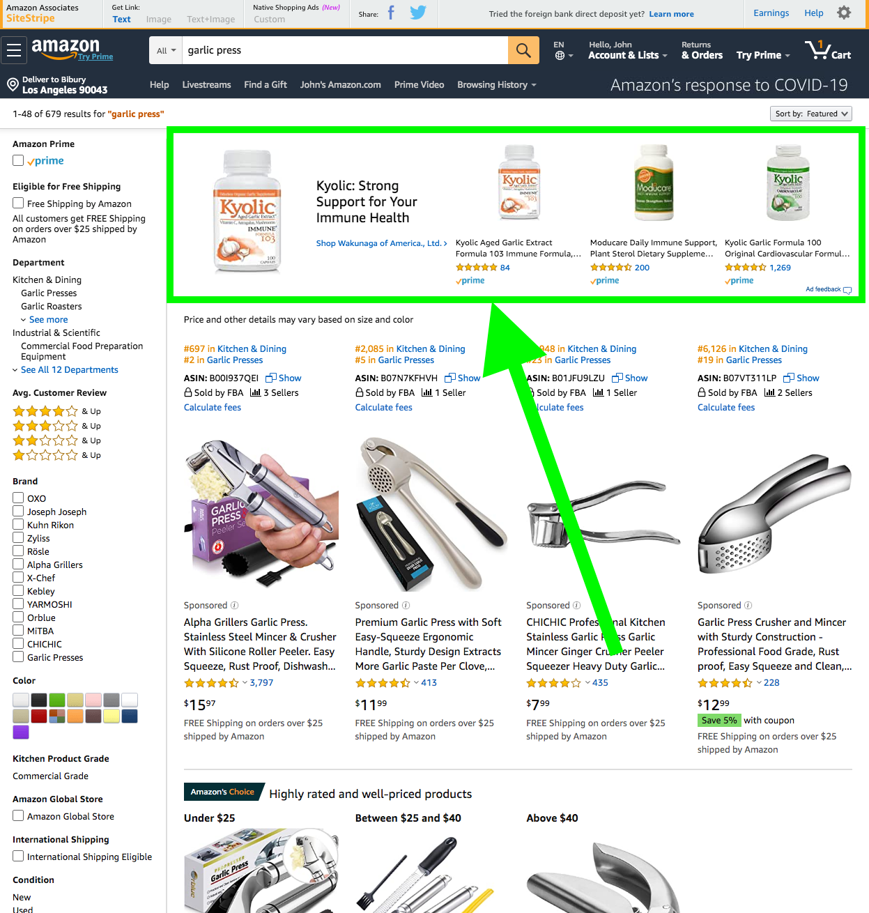 A green arrow points to a product on amazon