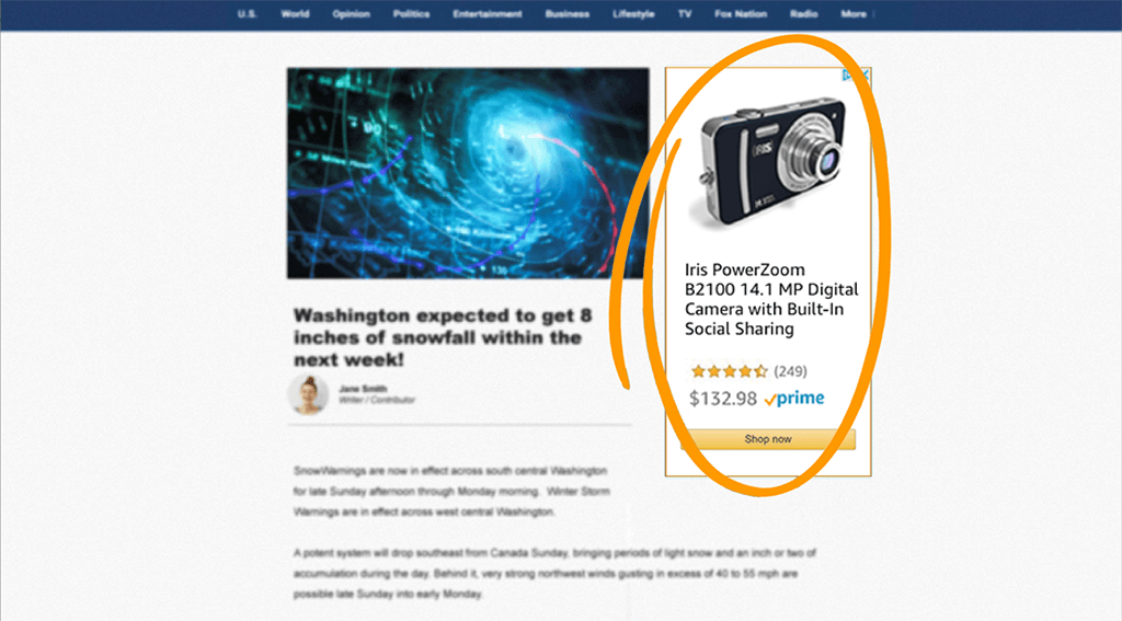 A picture of a camera on a website with a circle around it