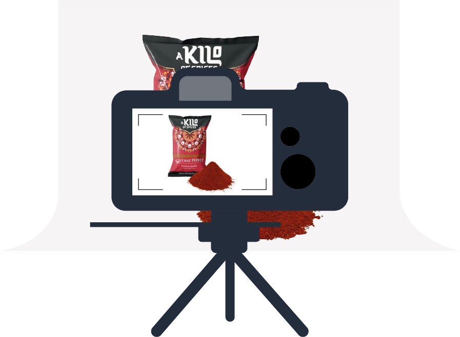 A camera is taking a picture of a bag of chili powder.