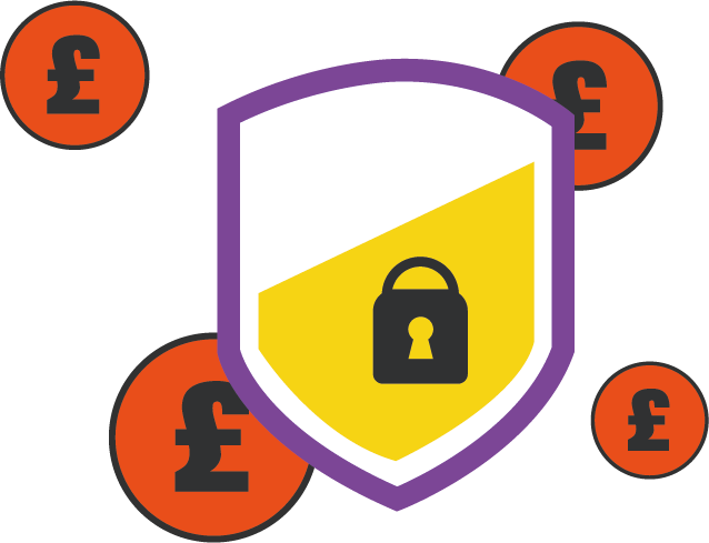 A purple shield with a padlock and pound signs around it