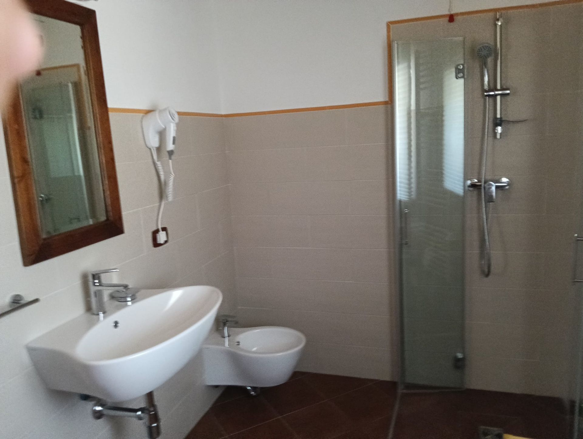 Bagno con lavandino bianco, WC, doccia in vetro e specchio. Pareti color cuoio, pavimento marrone.