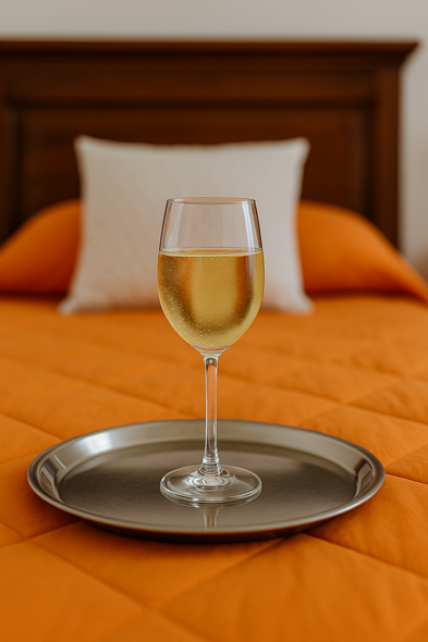 Un bicchiere di champagne su un vassoio d'argento sopra un copriletto arancione, con un cuscino bianco e una testiera in legno.
