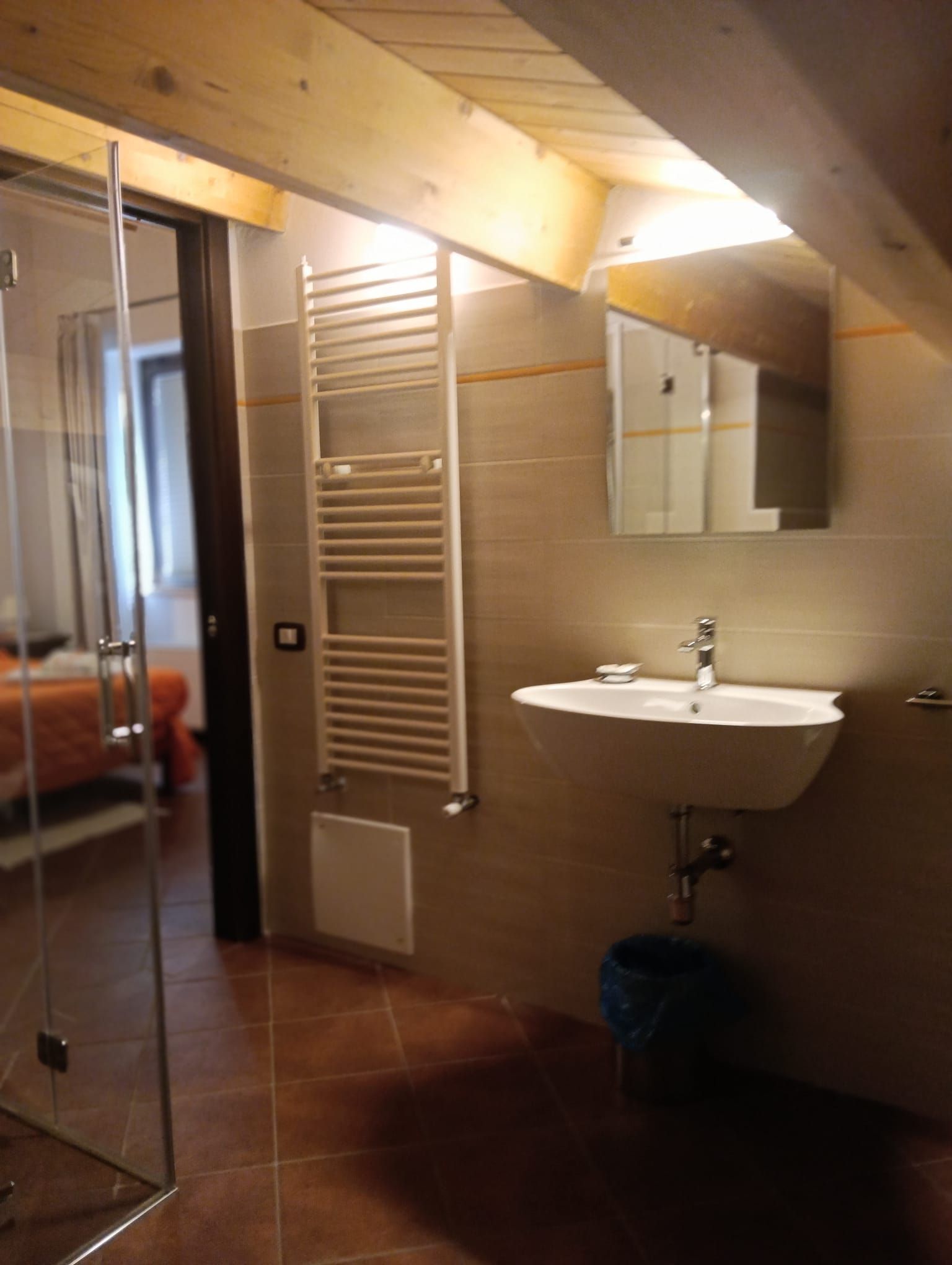 Bagno con lavandino, specchio, portasciugamani e doccia dietro una porta a vetri; illuminazione calda.