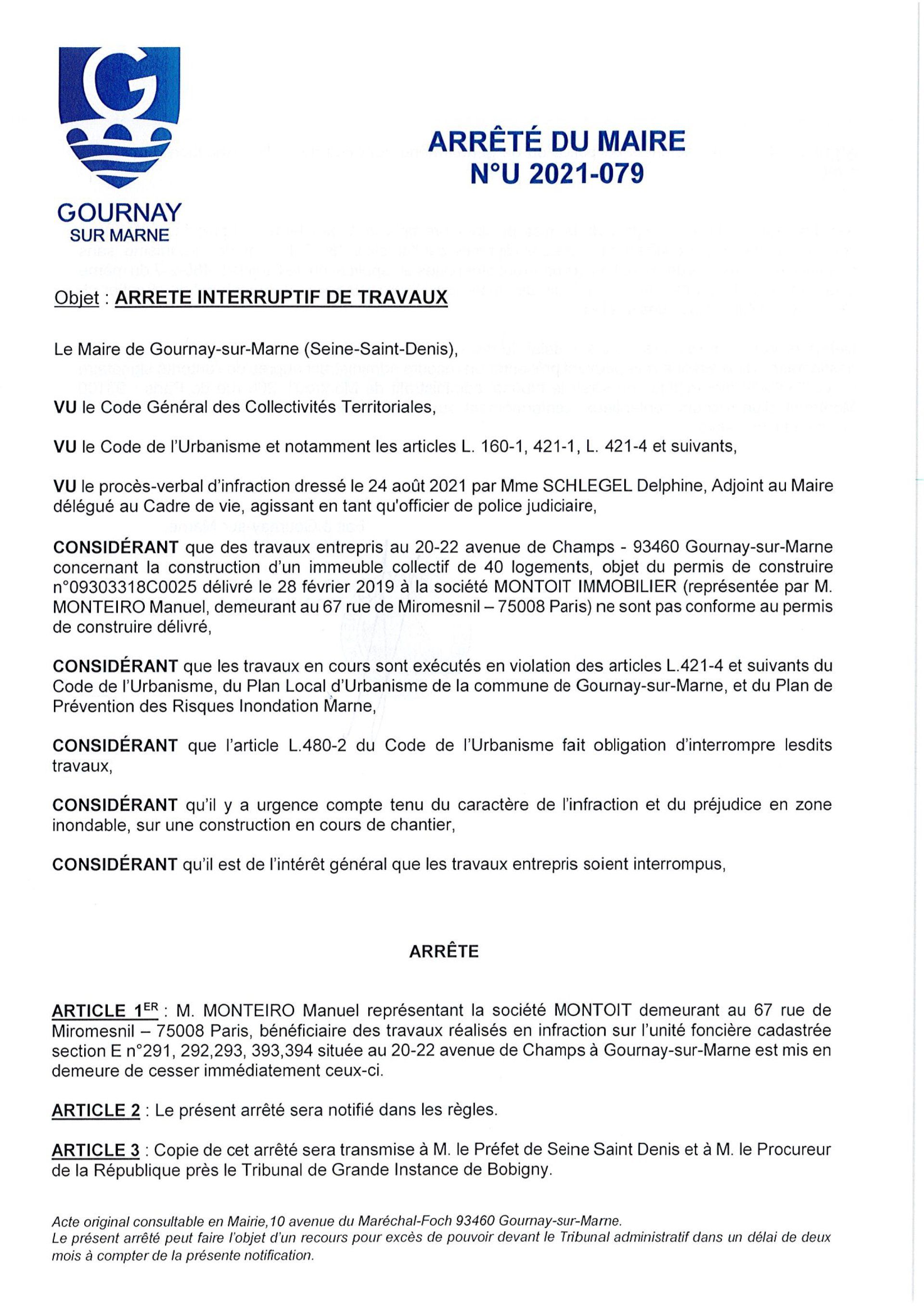 arrêté interruptif des travaux MONTOIT 20 22 avenue de Champs