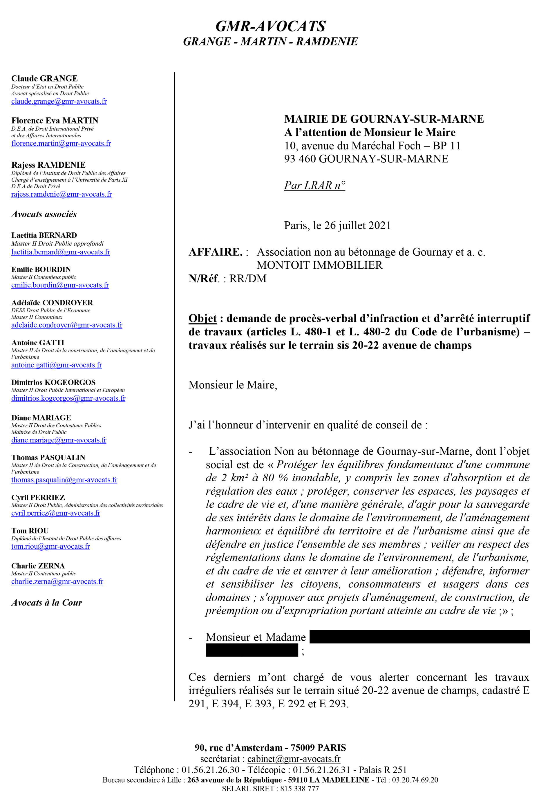Demande de PV d'infraction et AIT - Non au bétonnage c. MONTOIT IMMOBILIER