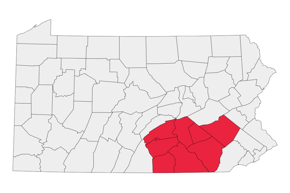 Map of Pennsylvania with a red highlight on the southeastern counties.